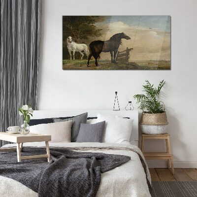 A peaceful landscape with horses Glass Wall Art