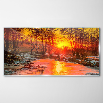 Snow nature forest river Glass Wall Art