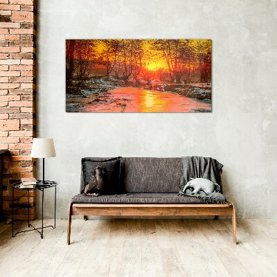 Golden hour on the river Glass Wall Art