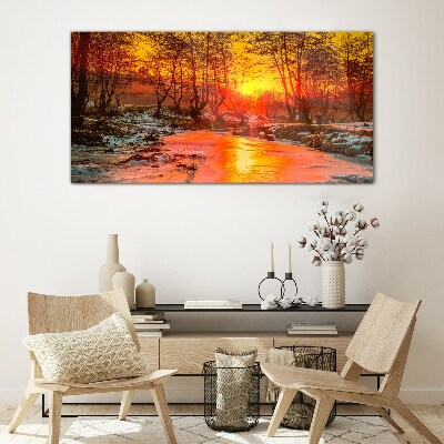Snow nature forest river Glass Wall Art