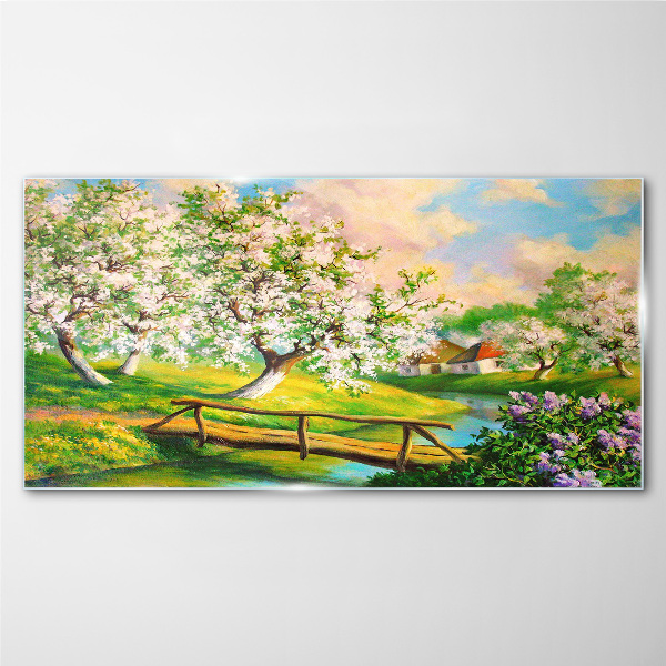 Spring landscape with a bridge Glass Wall Art
