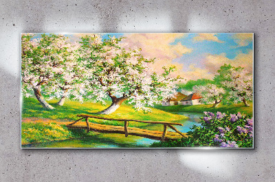 Spring landscape with a bridge Glass Wall Art
