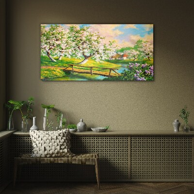 Spring landscape with a bridge Glass Wall Art