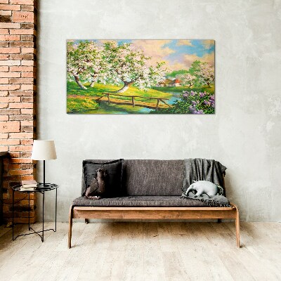 Spring landscape with a bridge Glass Wall Art