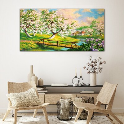 Spring landscape with a bridge Glass Wall Art