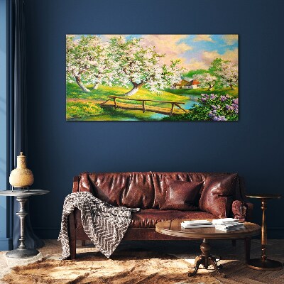 Spring landscape with a bridge Glass Wall Art