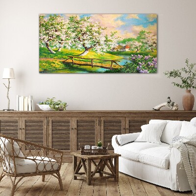 Spring landscape with a bridge Glass Wall Art