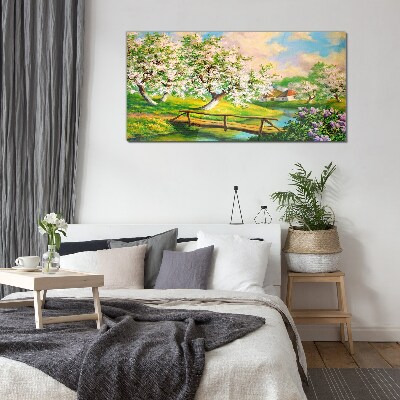 Spring landscape with a bridge Glass Wall Art