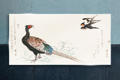 Peacock dance in spring landscape Glass Wall Art