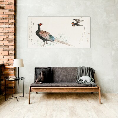 Peacock dance in spring landscape Glass Wall Art