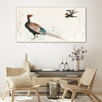 Peacock dance in spring landscape Glass Wall Art