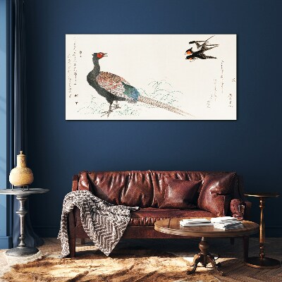 Peacock dance in spring landscape Glass Wall Art