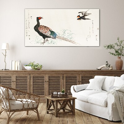 Peacock dance in spring landscape Glass Wall Art