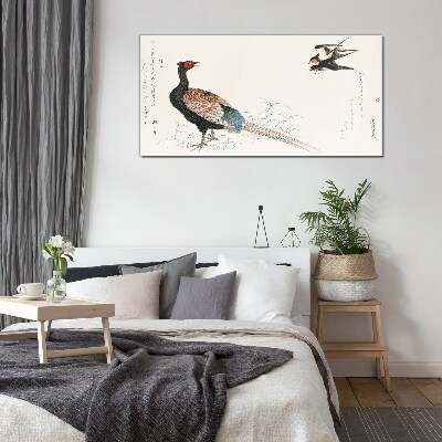 Peacock dance in spring landscape Glass Wall Art