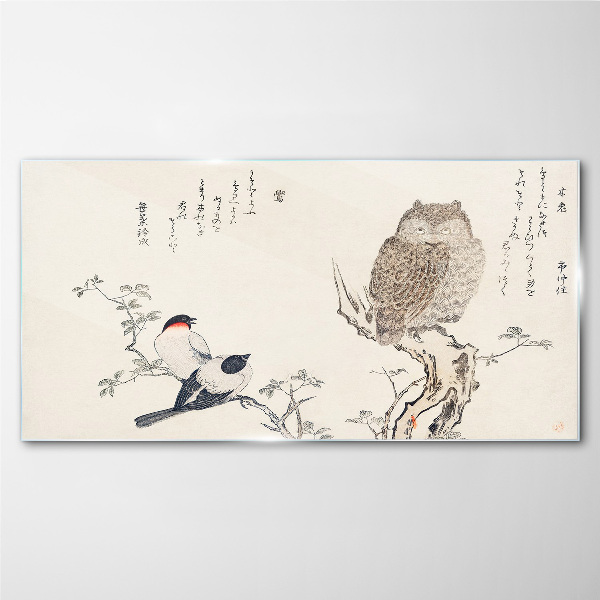 Birds and an owl on a branch Glass Wall Art