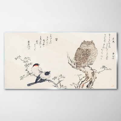 Birds and an owl on a branch Glass Wall Art