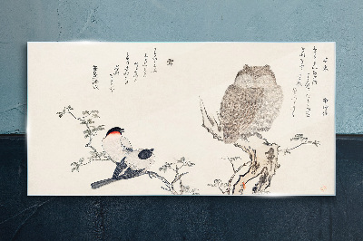 Birds and an owl on a branch Glass Wall Art
