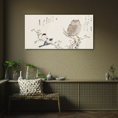 Animals birds owl branch Glass Wall Art