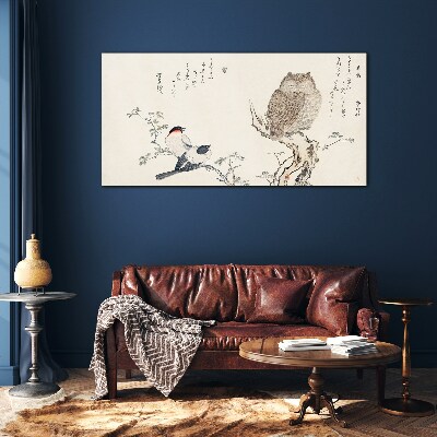 Birds and an owl on a branch Glass Wall Art