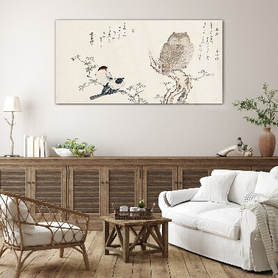 Birds and an owl on a branch Glass Wall Art