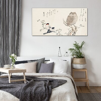 Birds and an owl on a branch Glass Wall Art