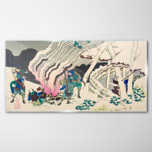 Winter landscape with people around the campfire Glass Wall Art