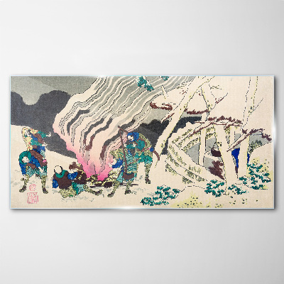 Winter landscape with people around the campfire Glass Wall Art