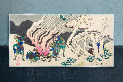 Winter landscape with people around the campfire Glass Wall Art