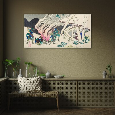 Winter landscape with people around the campfire Glass Wall Art