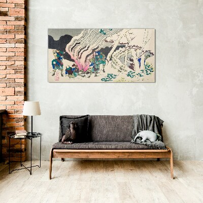Winter landscape with people around the campfire Glass Wall Art