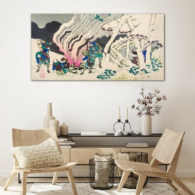 Winter landscape with people around the campfire Glass Wall Art
