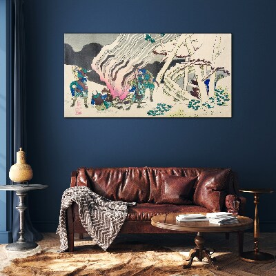 Winter landscape with people around the campfire Glass Wall Art
