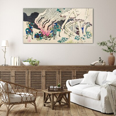 Winter landscape with people around the campfire Glass Wall Art