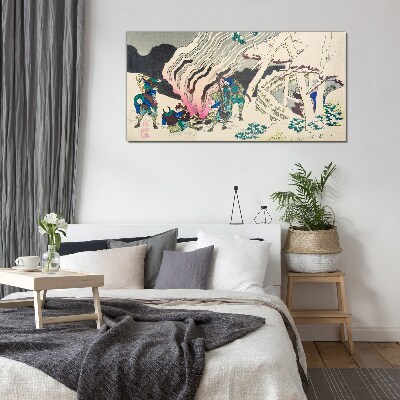 Winter landscape with people around the campfire Glass Wall Art