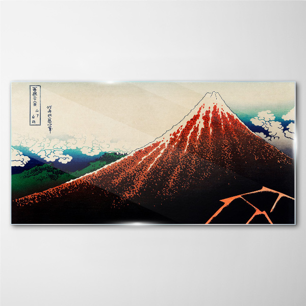 Fuji volcano in the colors of Japan Glass Wall Art
