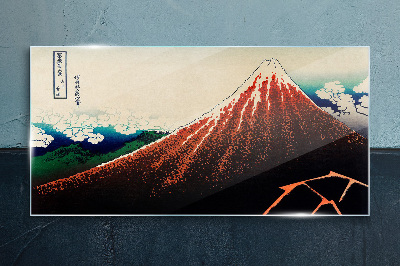 Fuji volcano in the colors of Japan Glass Wall Art