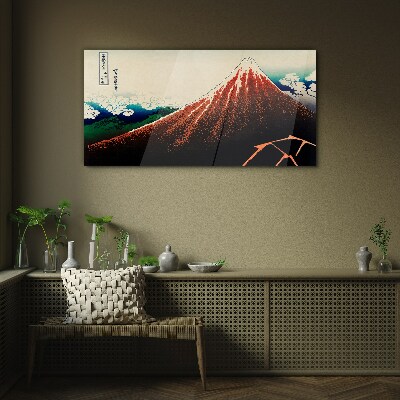 Fuji volcano in the colors of Japan Glass Wall Art