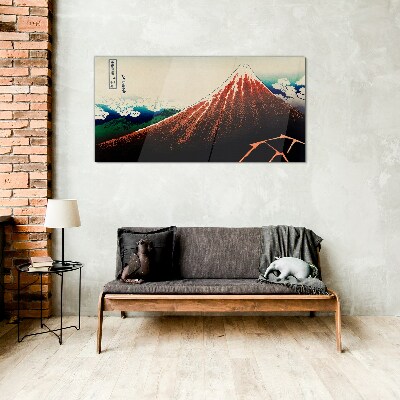 Fuji volcano in the colors of Japan Glass Wall Art