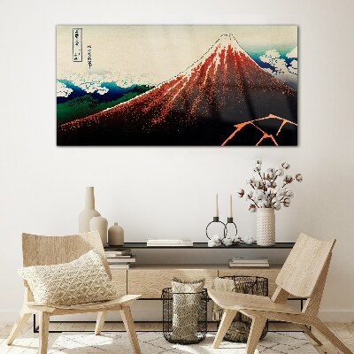 Fuji volcano in the colors of Japan Glass Wall Art