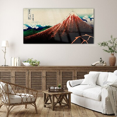 Fuji volcano in the colors of Japan Glass Wall Art