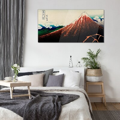 Fuji volcano in the colors of Japan Glass Wall Art