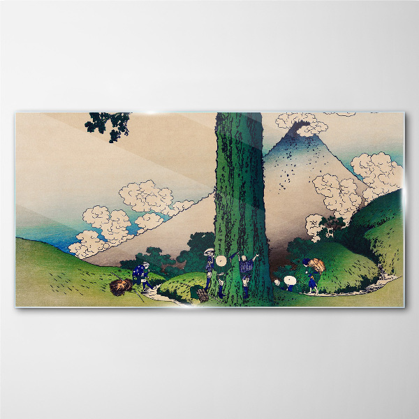 Japanese village with a volcano Glass Wall Art