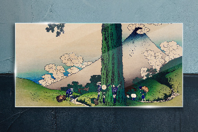 Japanese village with a volcano Glass Wall Art