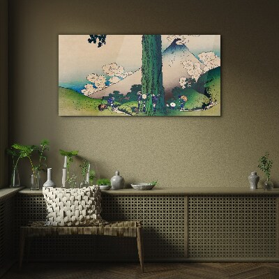 Japanese village with a volcano Glass Wall Art