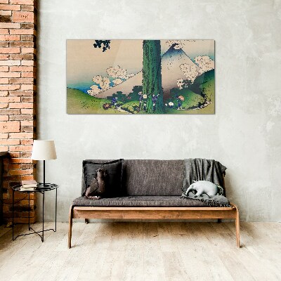 Japanese village with a volcano Glass Wall Art