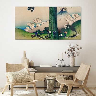 Japanese village with a volcano Glass Wall Art