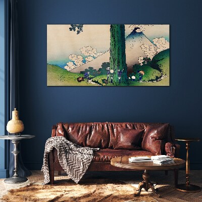 Japanese village with a volcano Glass Wall Art