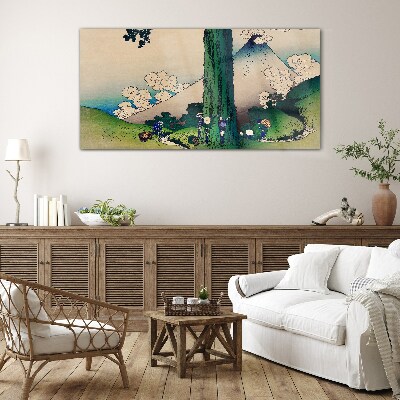 Japanese village with a volcano Glass Wall Art