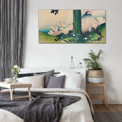 Japanese village with a volcano Glass Wall Art