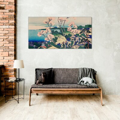 Spring landscape with Mount Fuji Glass Wall Art